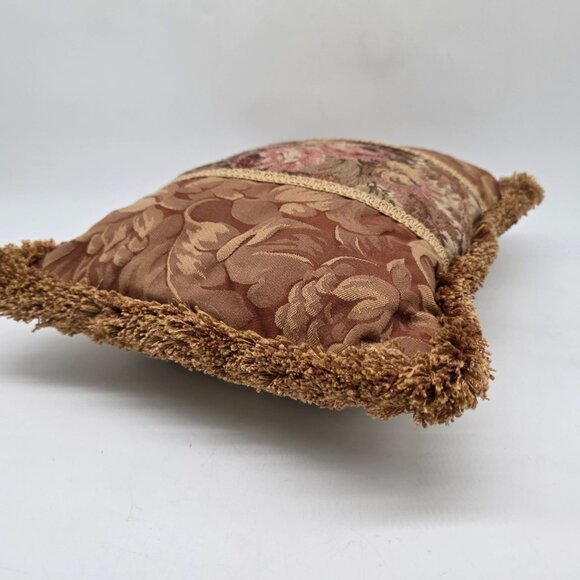 Vintage Aubusson style Tapestry Floral Rectangular Throw Pillow with Gold Fringe - Picture 8 of 11